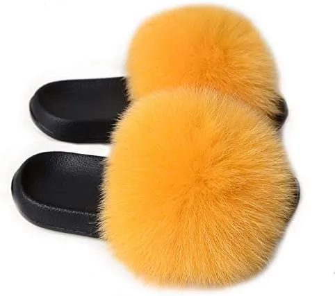 Women's Real Fox Fur Slides Furry Slide Sandal for Outdoor Fur Slippers