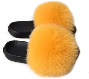 Women's Real Fox Fur Slides Furry Slide Sandal for Outdoor Fur Slippers