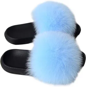 Women's Real Fox Fur Slides Furry Slide Sandal for Outdoor Fur Slippers