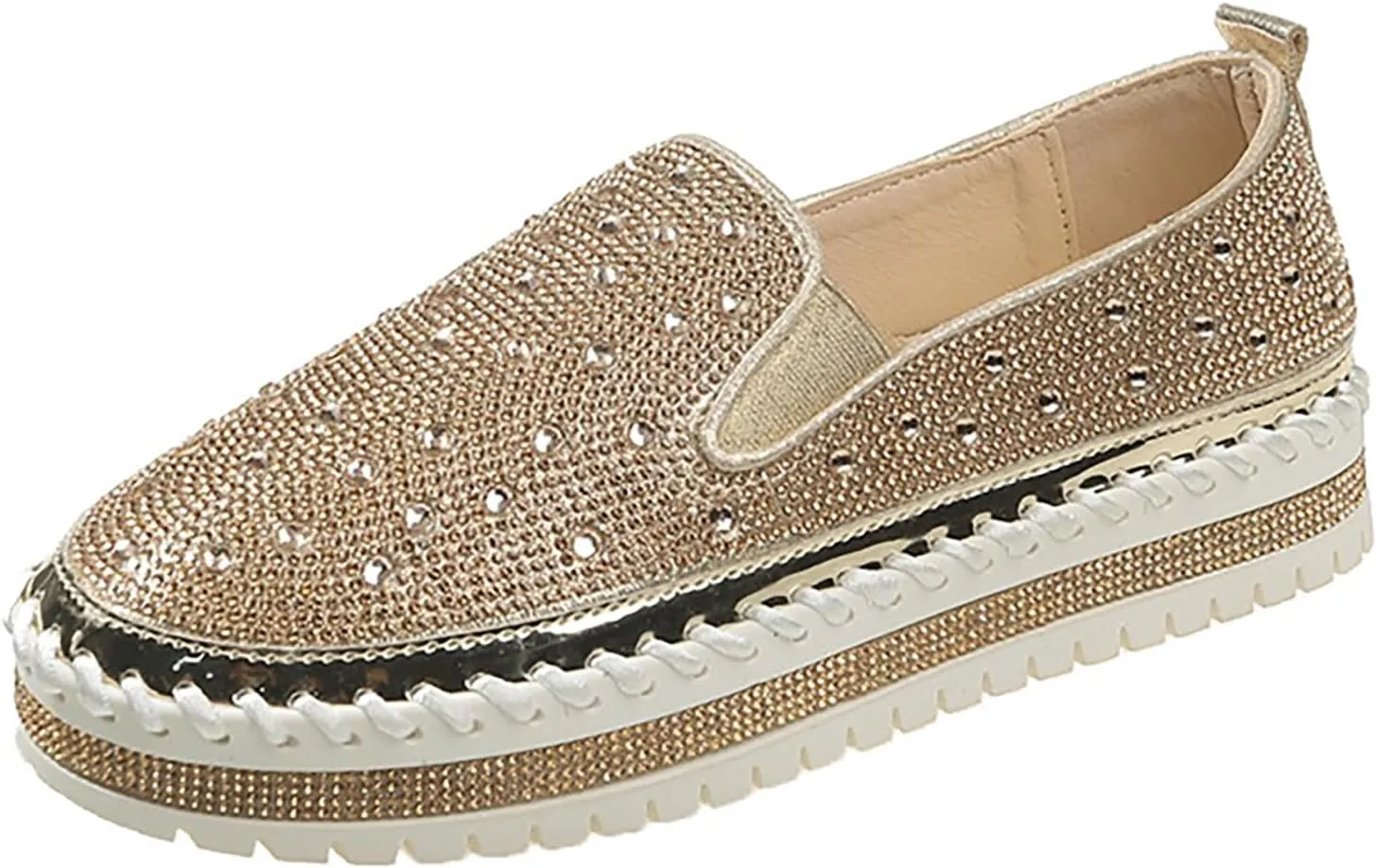 Women's Rhinestone Loafers Soft Thick Bottom Sparkly Banquet Shoes Cushioned Slip-On Ballet Flat Shoes