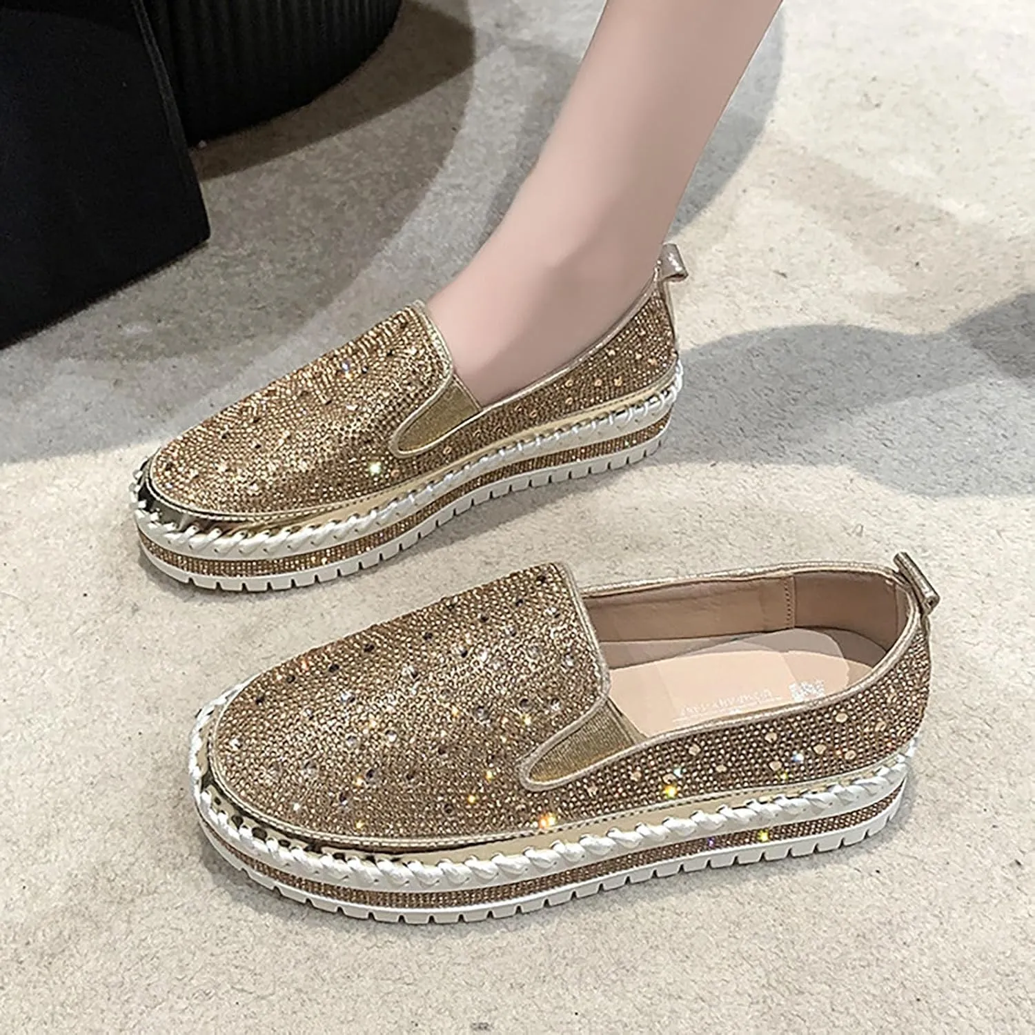 Women's Rhinestone Loafers Soft Thick Bottom Sparkly Banquet Shoes Cushioned Slip-On Ballet Flat Shoes