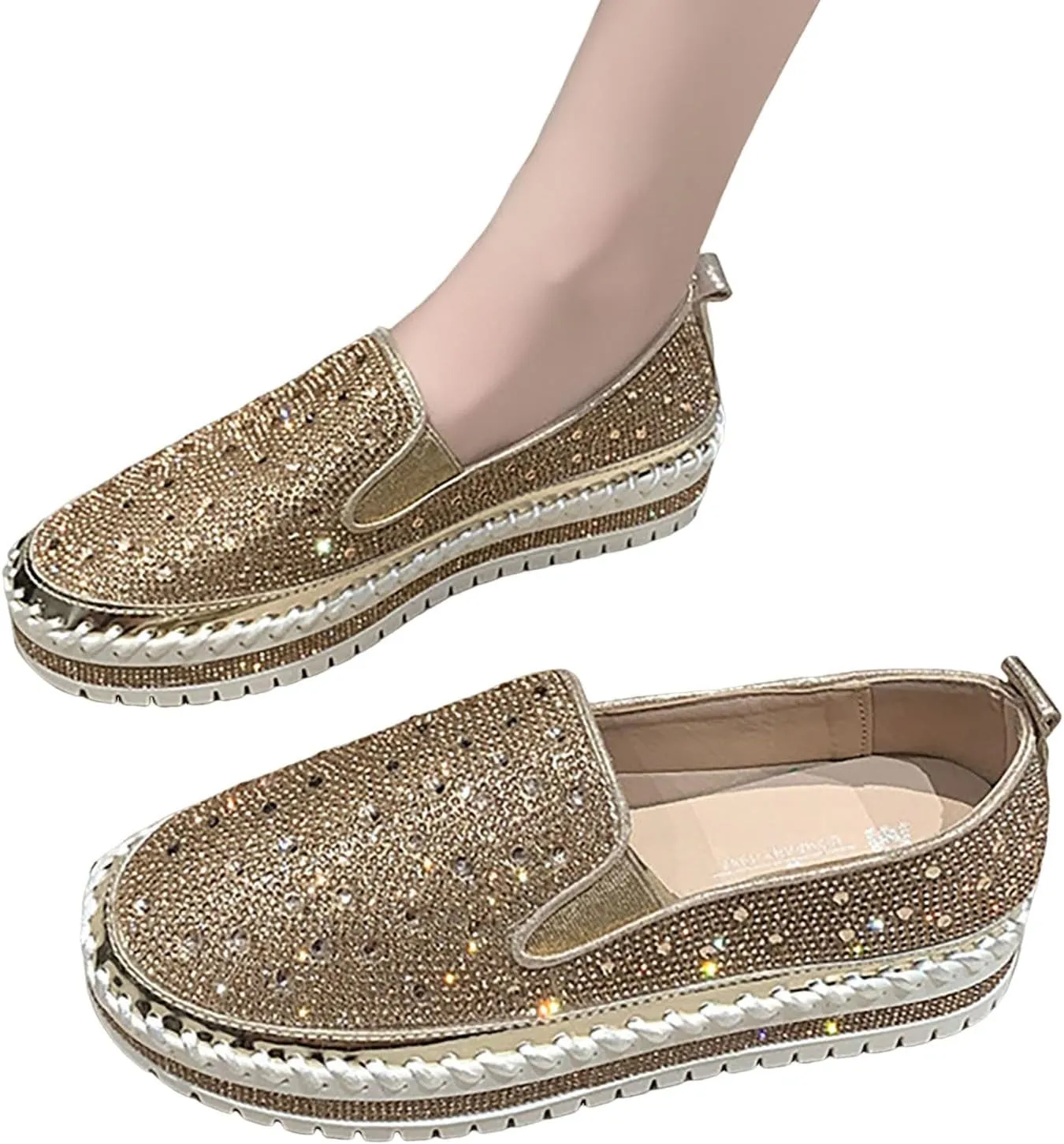 Women's Rhinestone Loafers Soft Thick Bottom Sparkly Banquet Shoes Cushioned Slip-On Ballet Flat Shoes