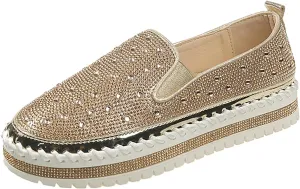 Women's Rhinestone Loafers Soft Thick Bottom Sparkly Banquet Shoes Cushioned Slip-On Ballet Flat Shoes