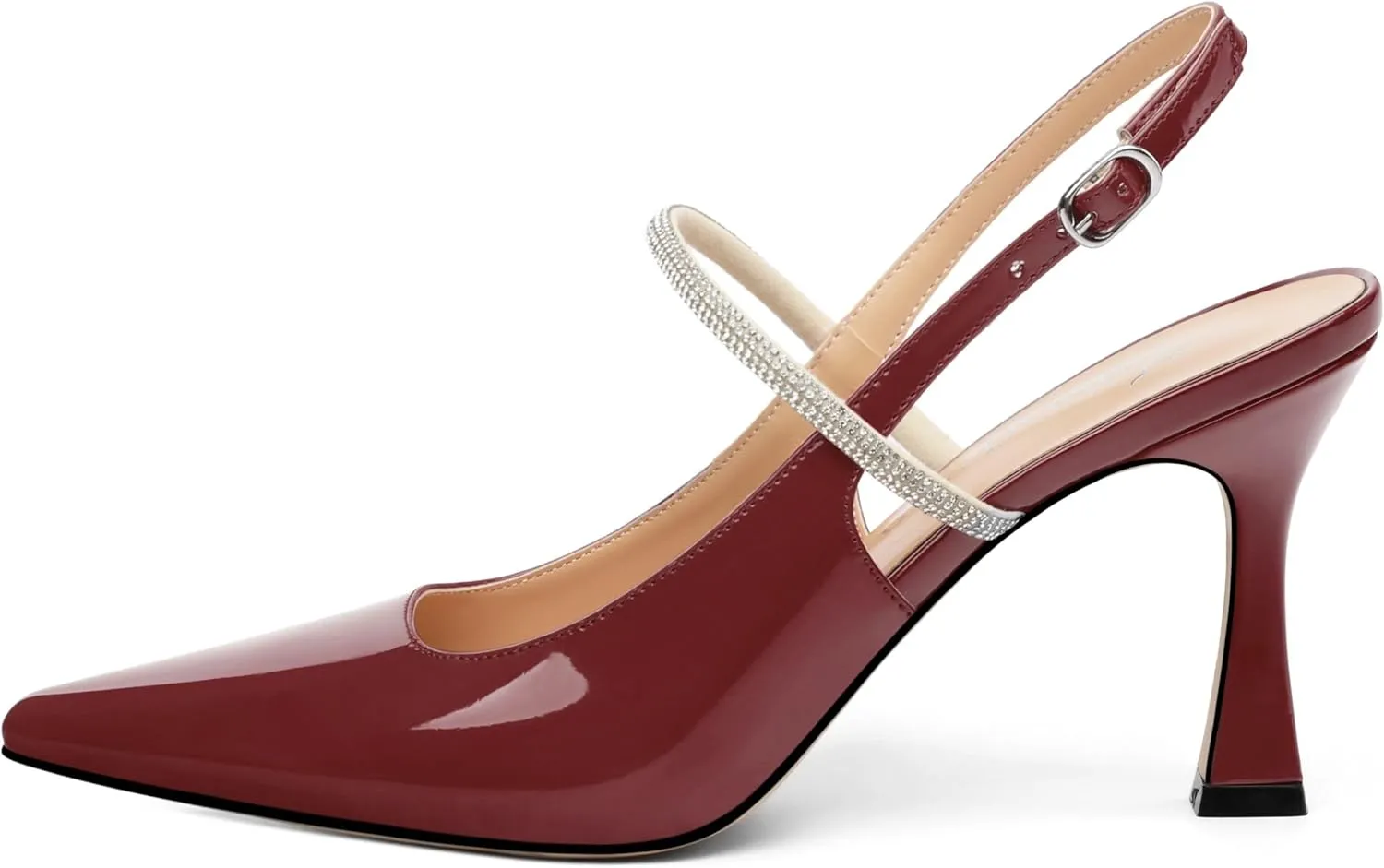 Women's Slingback Kitten Heels, Closed Pointed Toe Patent Leather Stiletto High Heel Pumps Crystal Ankle Strap Heels Party Wedding Dating Dress Shoes 3.35 Inch