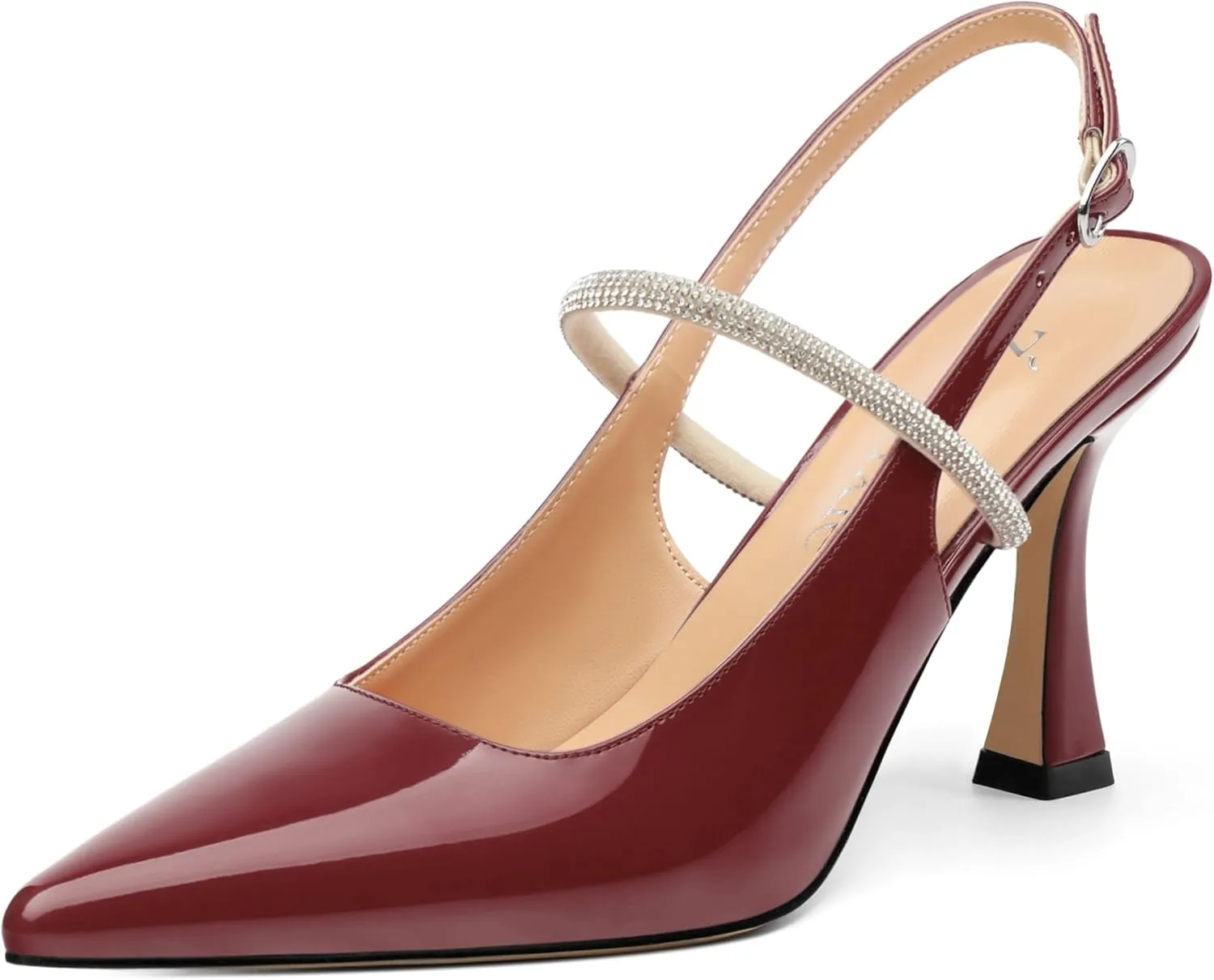 Women's Slingback Kitten Heels, Closed Pointed Toe Patent Leather Stiletto High Heel Pumps Crystal Ankle Strap Heels Party Wedding Dating Dress Shoes 3.35 Inch