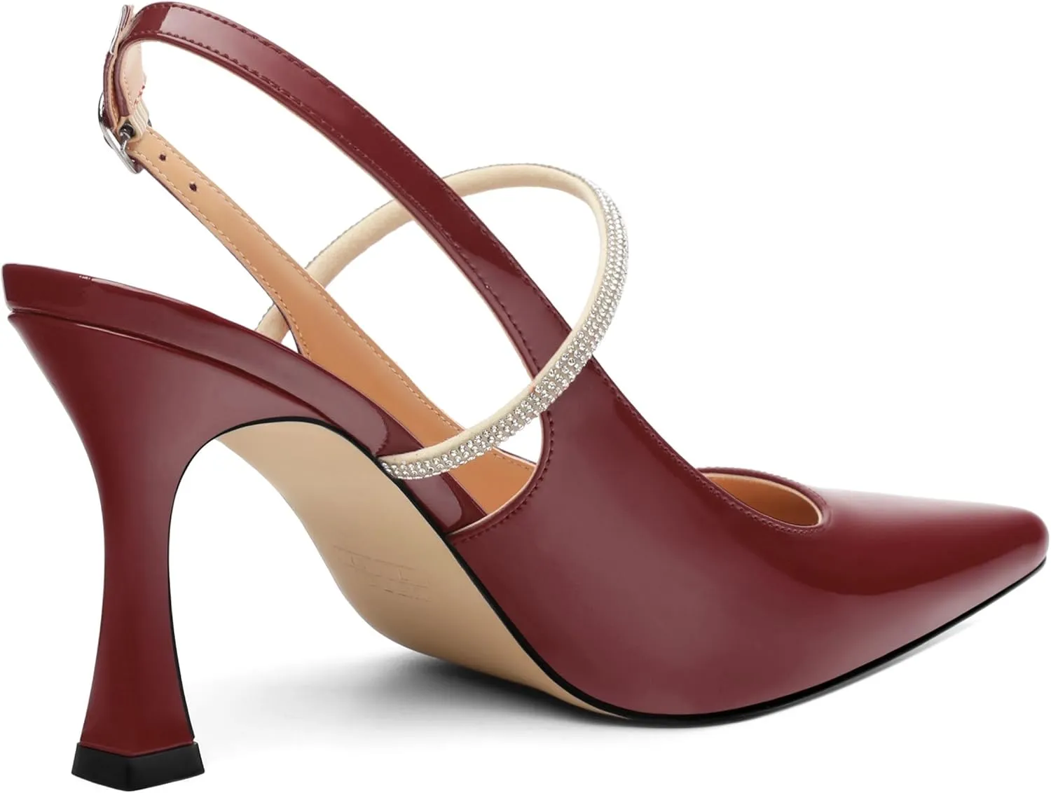 Women's Slingback Kitten Heels, Closed Pointed Toe Patent Leather Stiletto High Heel Pumps Crystal Ankle Strap Heels Party Wedding Dating Dress Shoes 3.35 Inch