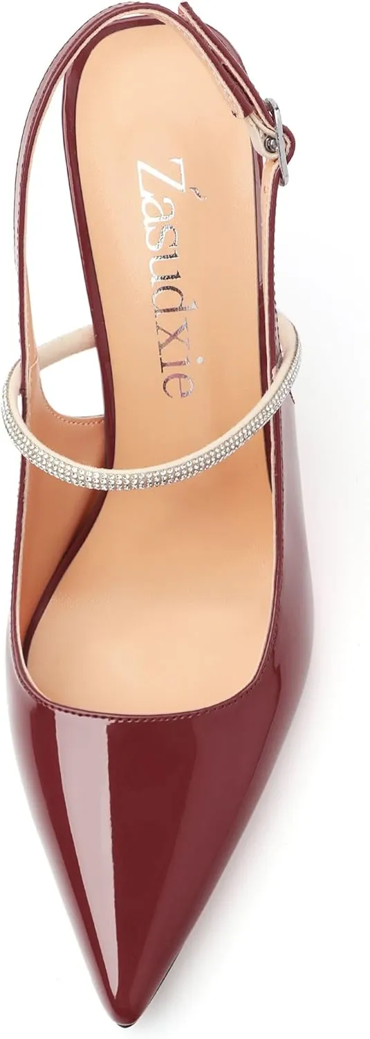 Women's Slingback Kitten Heels, Closed Pointed Toe Patent Leather Stiletto High Heel Pumps Crystal Ankle Strap Heels Party Wedding Dating Dress Shoes 3.35 Inch