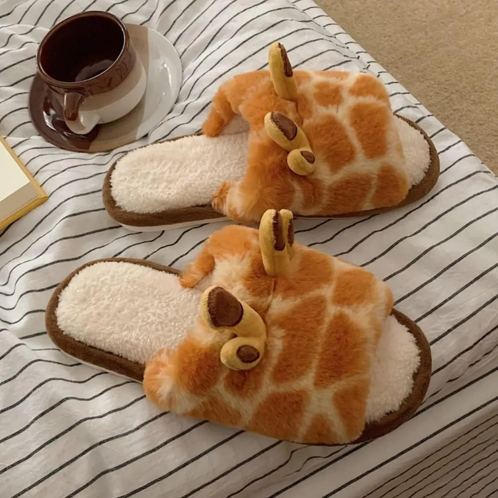 Women's Soft Plush Giraffe Fuzzy Slippers, Winter Warm Cute Cartoon Animal Home Slippers