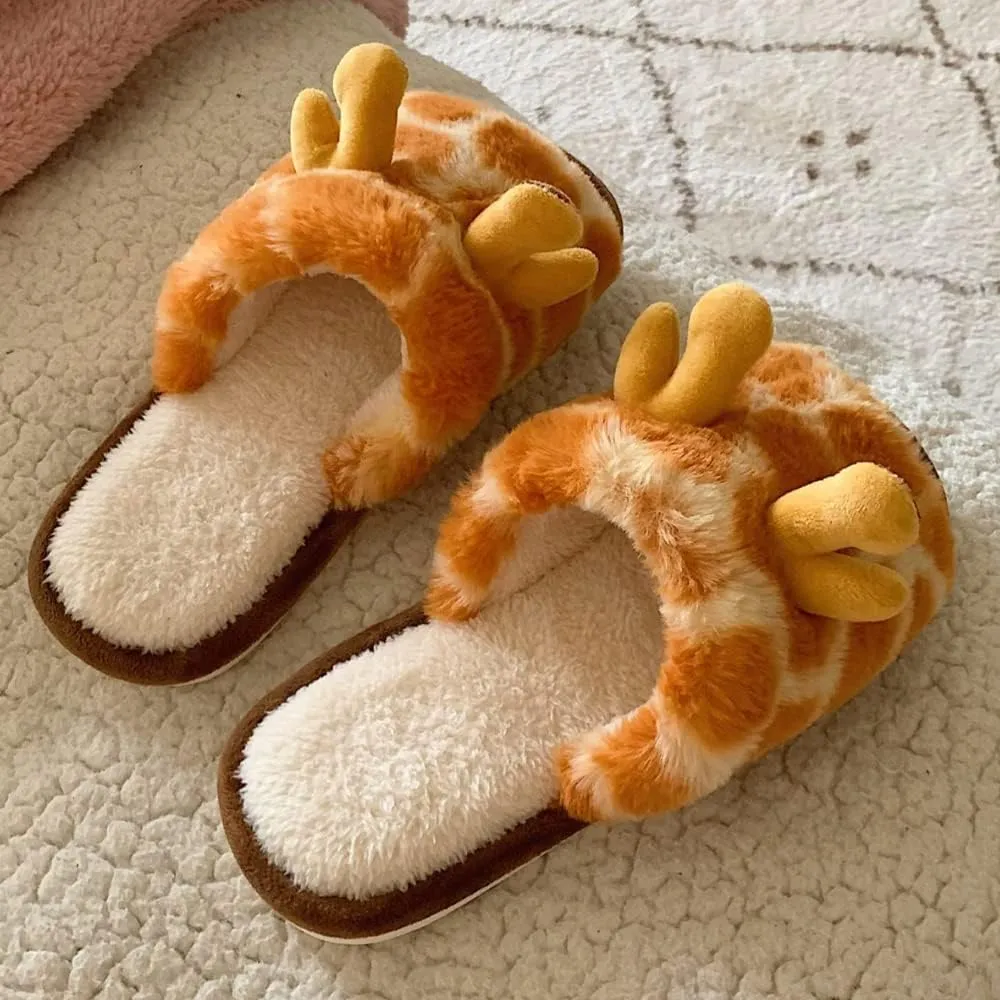 Women's Soft Plush Giraffe Fuzzy Slippers, Winter Warm Cute Cartoon Animal Home Slippers