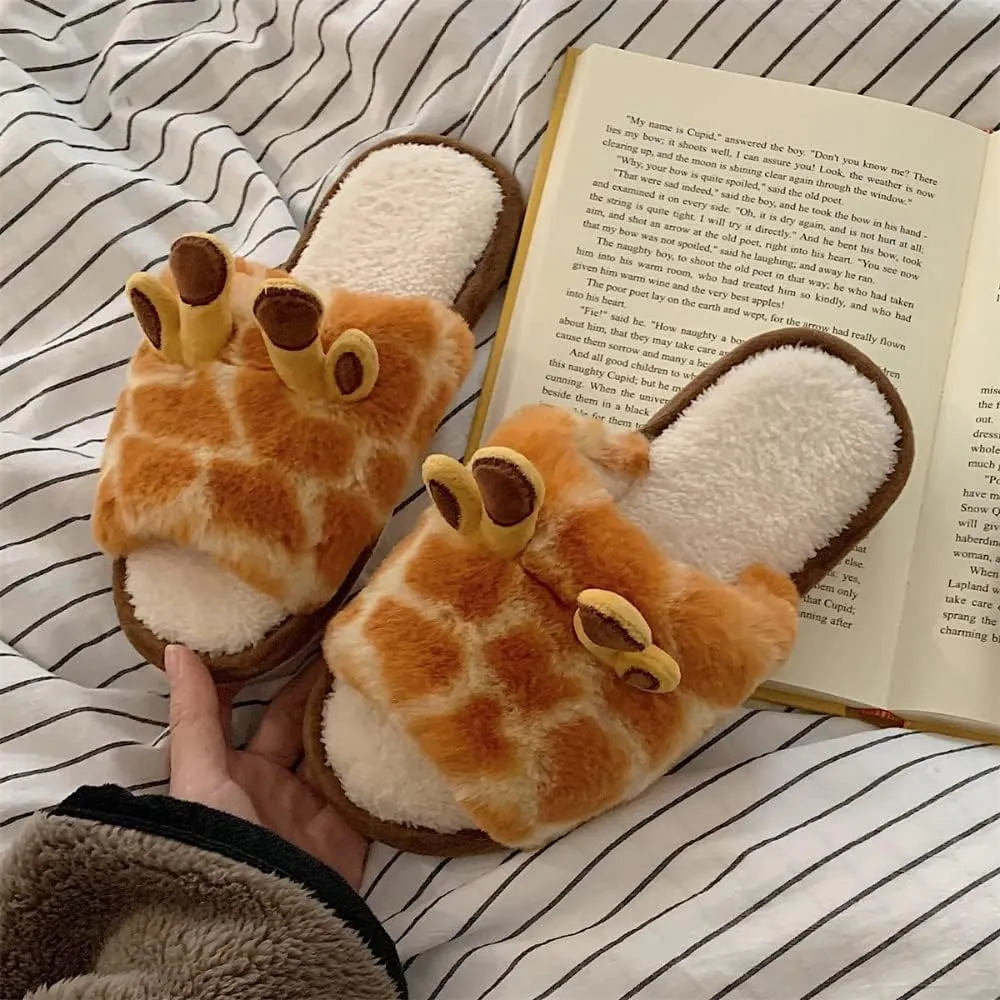 Women's Soft Plush Giraffe Fuzzy Slippers, Winter Warm Cute Cartoon Animal Home Slippers