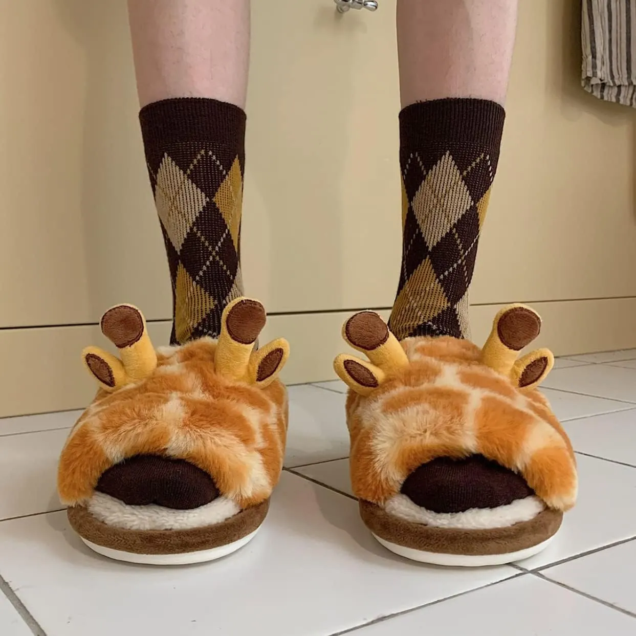 Women's Soft Plush Giraffe Fuzzy Slippers, Winter Warm Cute Cartoon Animal Home Slippers