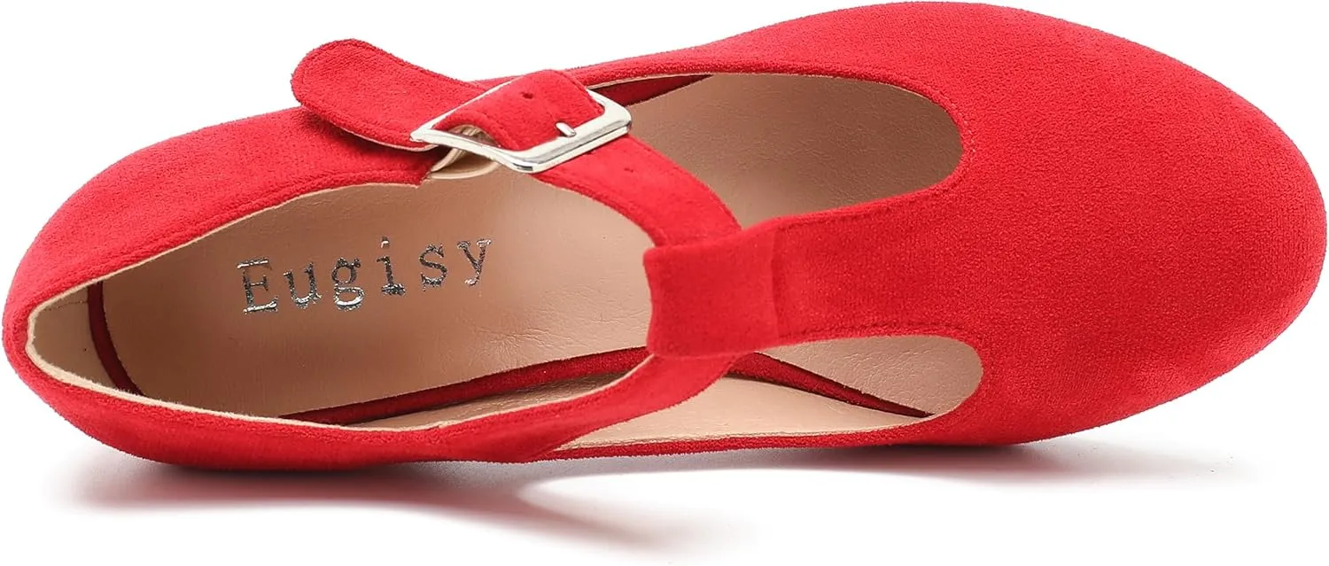 Women's T-Strap Mary Jane Pumps Low Block Chunky Heels Closed Round Toe Dress Wedding Office Work Shoes