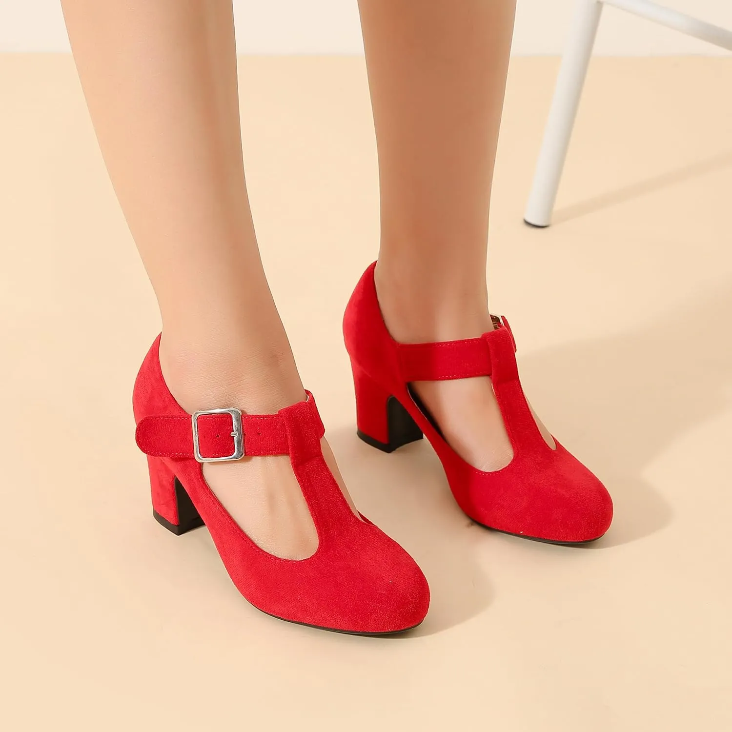 Women's T-Strap Mary Jane Pumps Low Block Chunky Heels Closed Round Toe Dress Wedding Office Work Shoes