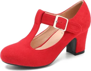 Women's T-Strap Mary Jane Pumps Low Block Chunky Heels Closed Round Toe Dress Wedding Office Work Shoes