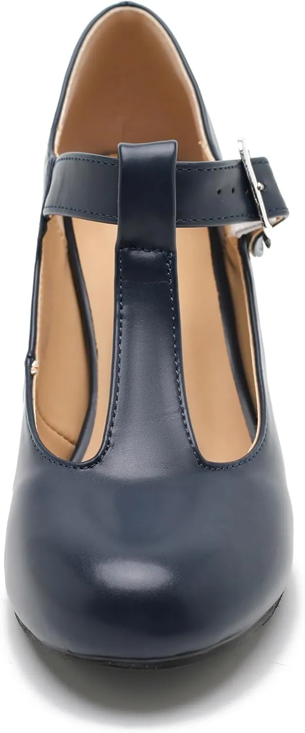 Women's T-Strap Mary Jane Pumps Round Closed Toe Comfortable Low Chunky Block Heel Wedding Dress Evening Party Shoes