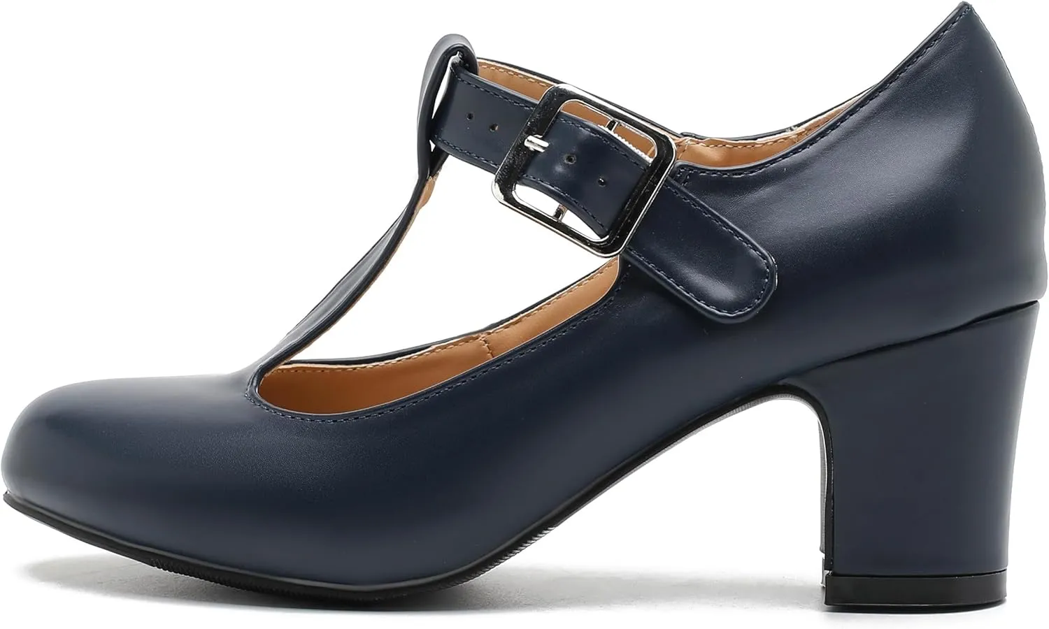 Women's T-Strap Mary Jane Pumps Round Closed Toe Comfortable Low Chunky Block Heel Wedding Dress Evening Party Shoes