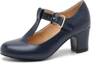 Women's T-Strap Mary Jane Pumps Round Closed Toe Comfortable Low Chunky Block Heel Wedding Dress Evening Party Shoes