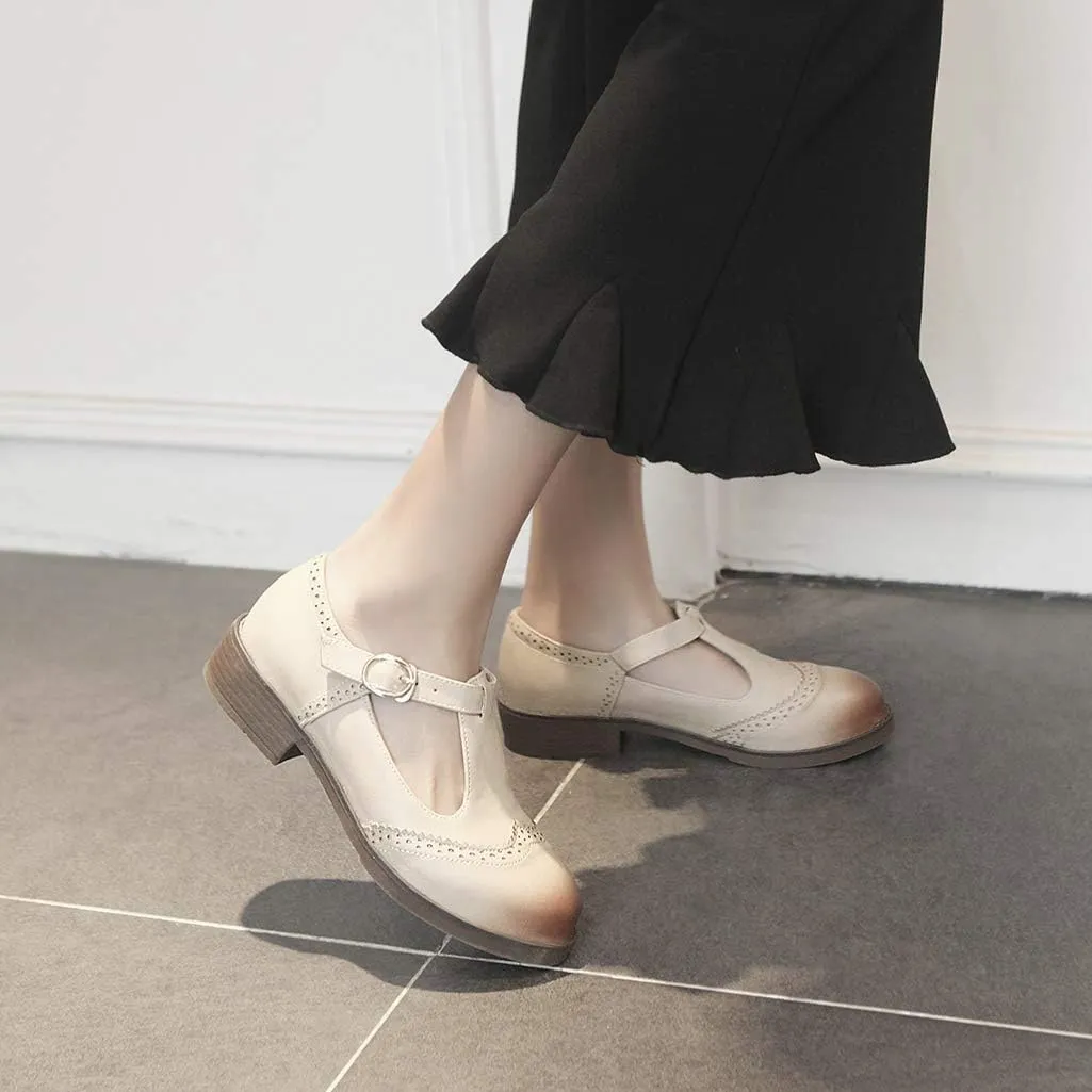 Womens Vintage Chunky Low Heel Mary Jane T Strap Shoes