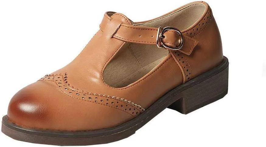 Womens Vintage Chunky Low Heel Mary Jane T Strap Shoes