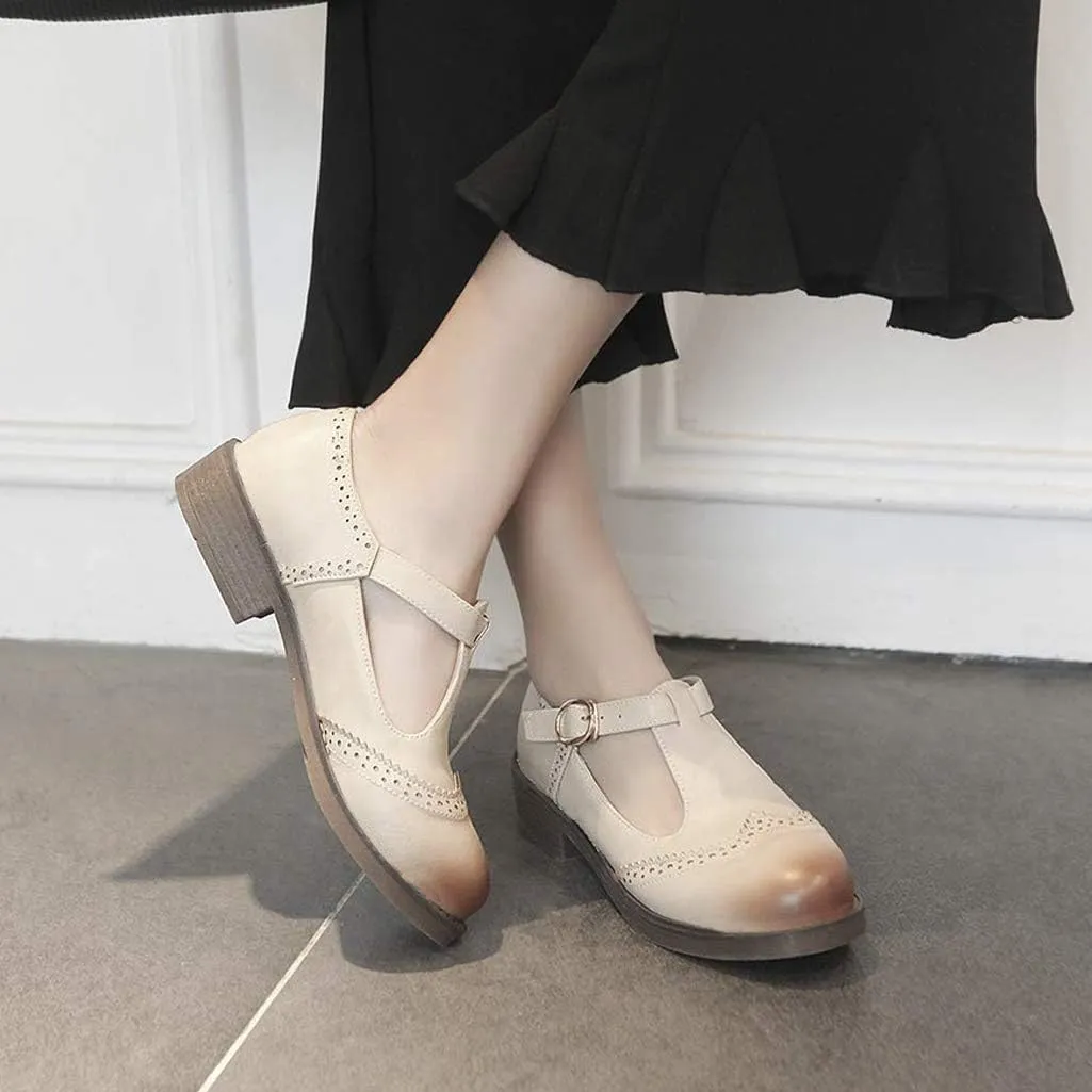 Womens Vintage Chunky Low Heel Mary Jane T Strap Shoes