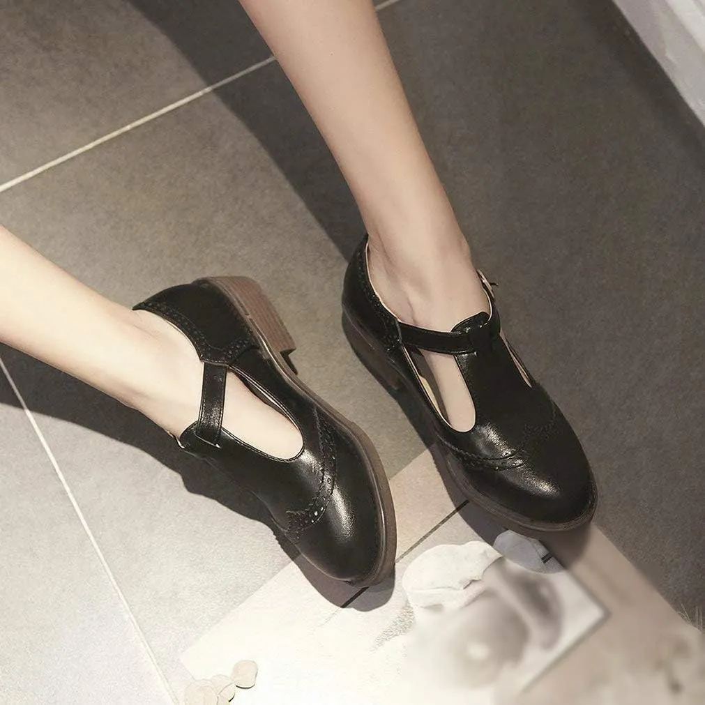 Womens Vintage Chunky Low Heel Mary Jane T Strap Shoes
