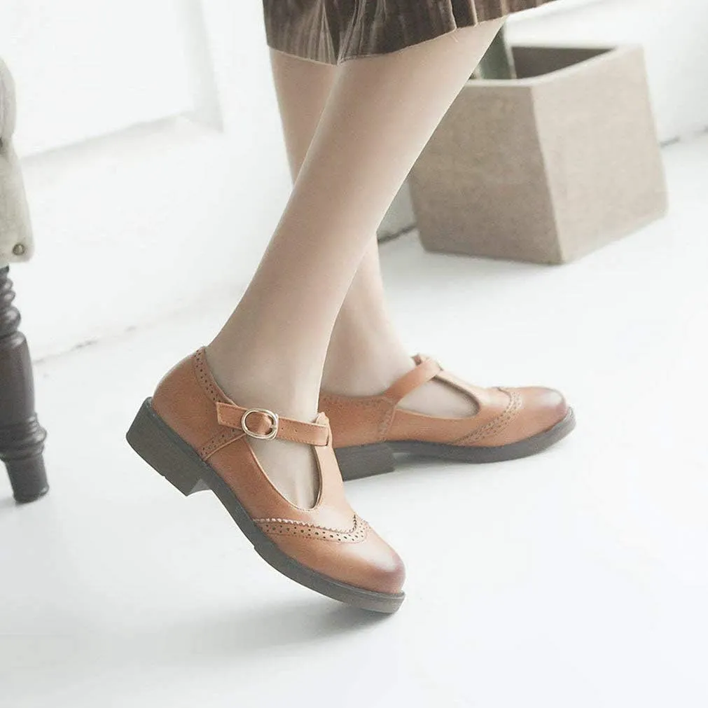 Womens Vintage Chunky Low Heel Mary Jane T Strap Shoes