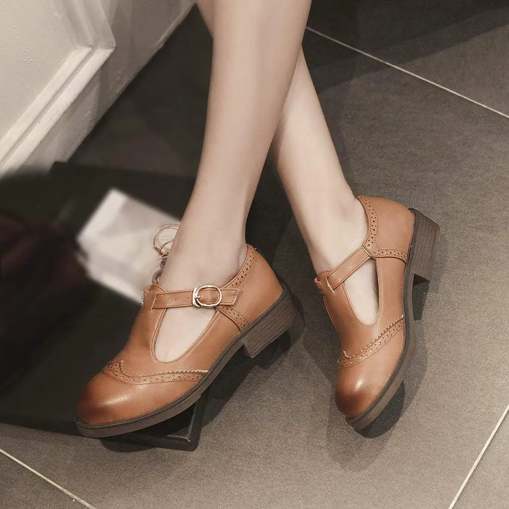 Womens Vintage Chunky Low Heel Mary Jane T Strap Shoes