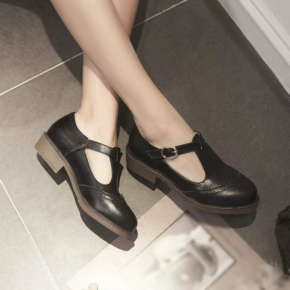 Womens Vintage Chunky Low Heel Mary Jane T Strap Shoes