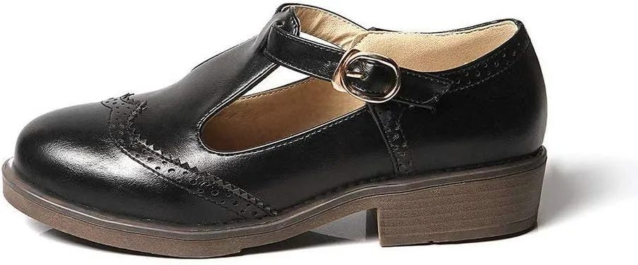 Womens Vintage Chunky Low Heel Mary Jane T Strap Shoes