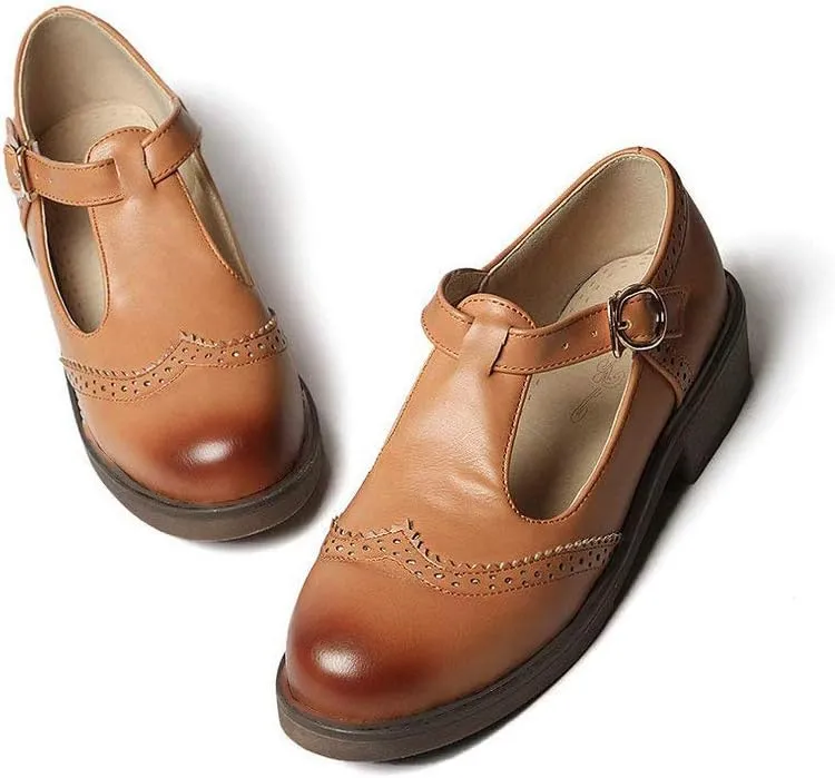 Womens Vintage Chunky Low Heel Mary Jane T Strap Shoes
