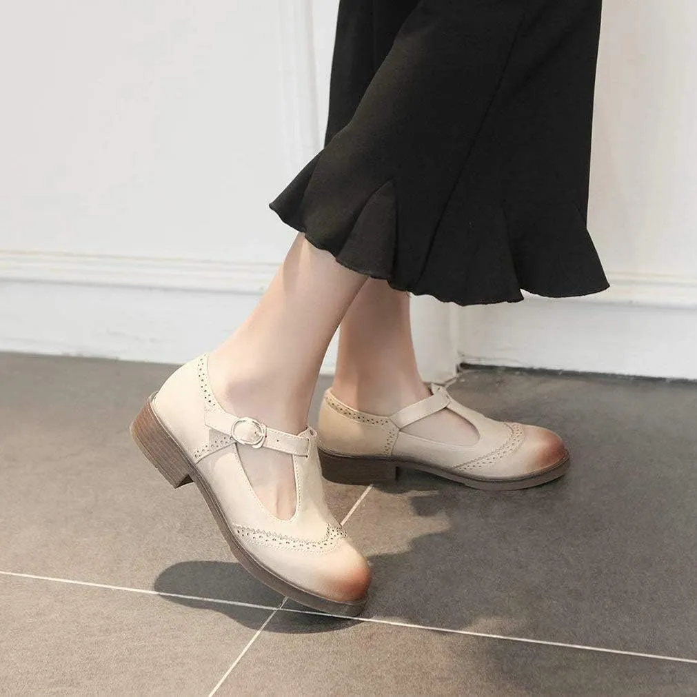 Womens Vintage Chunky Low Heel Mary Jane T Strap Shoes