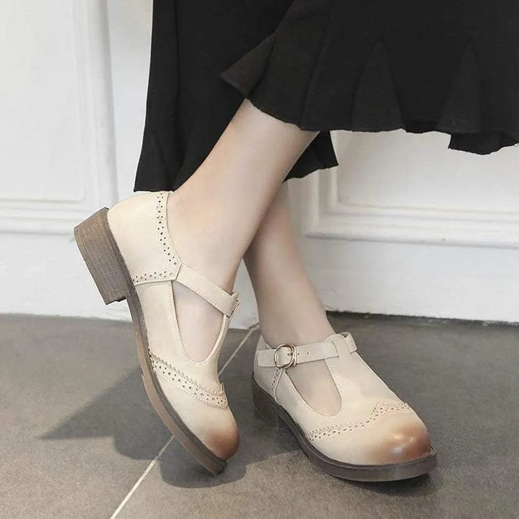 Womens Vintage Chunky Low Heel Mary Jane T Strap Shoes