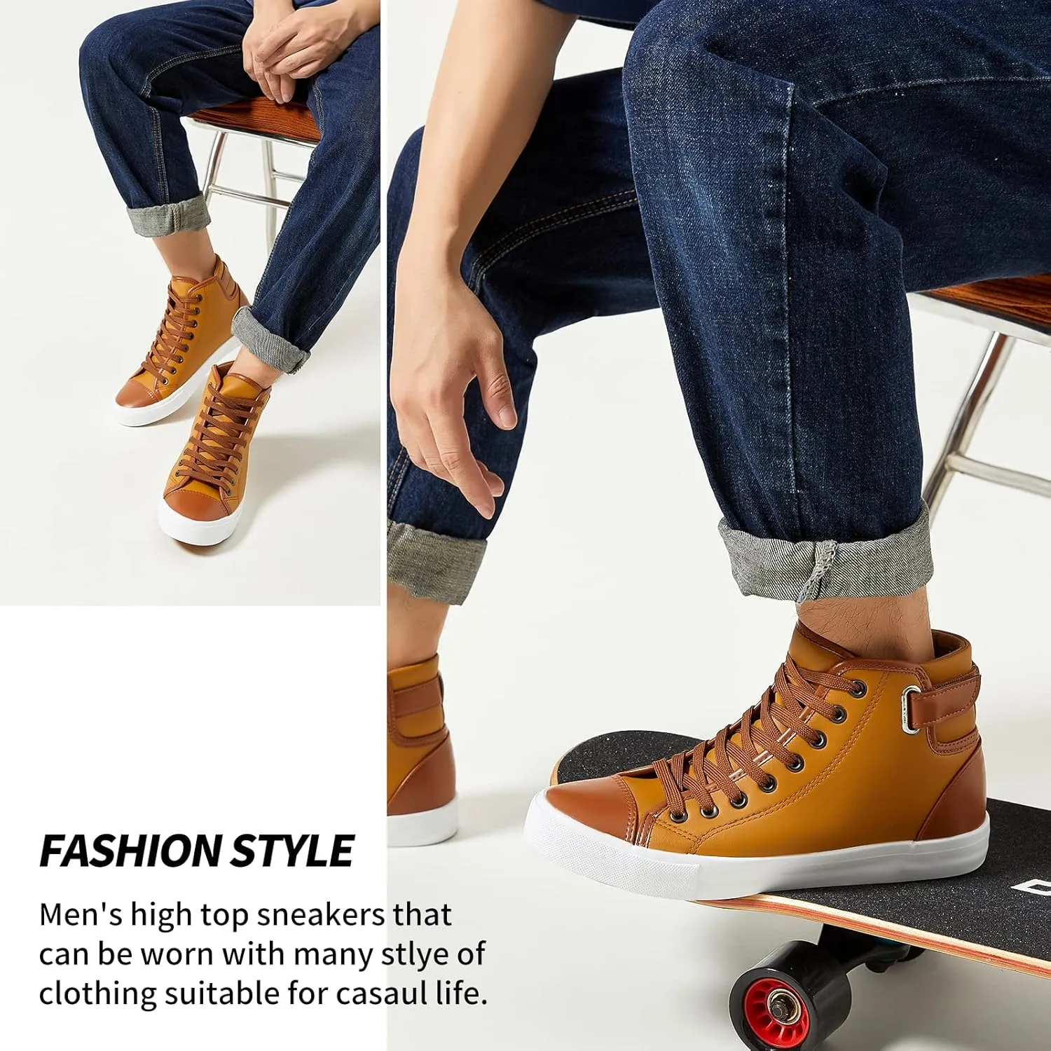 yageyan Men White high top Sneakers for Casual Black pu Leather Fashion Shoes for Men