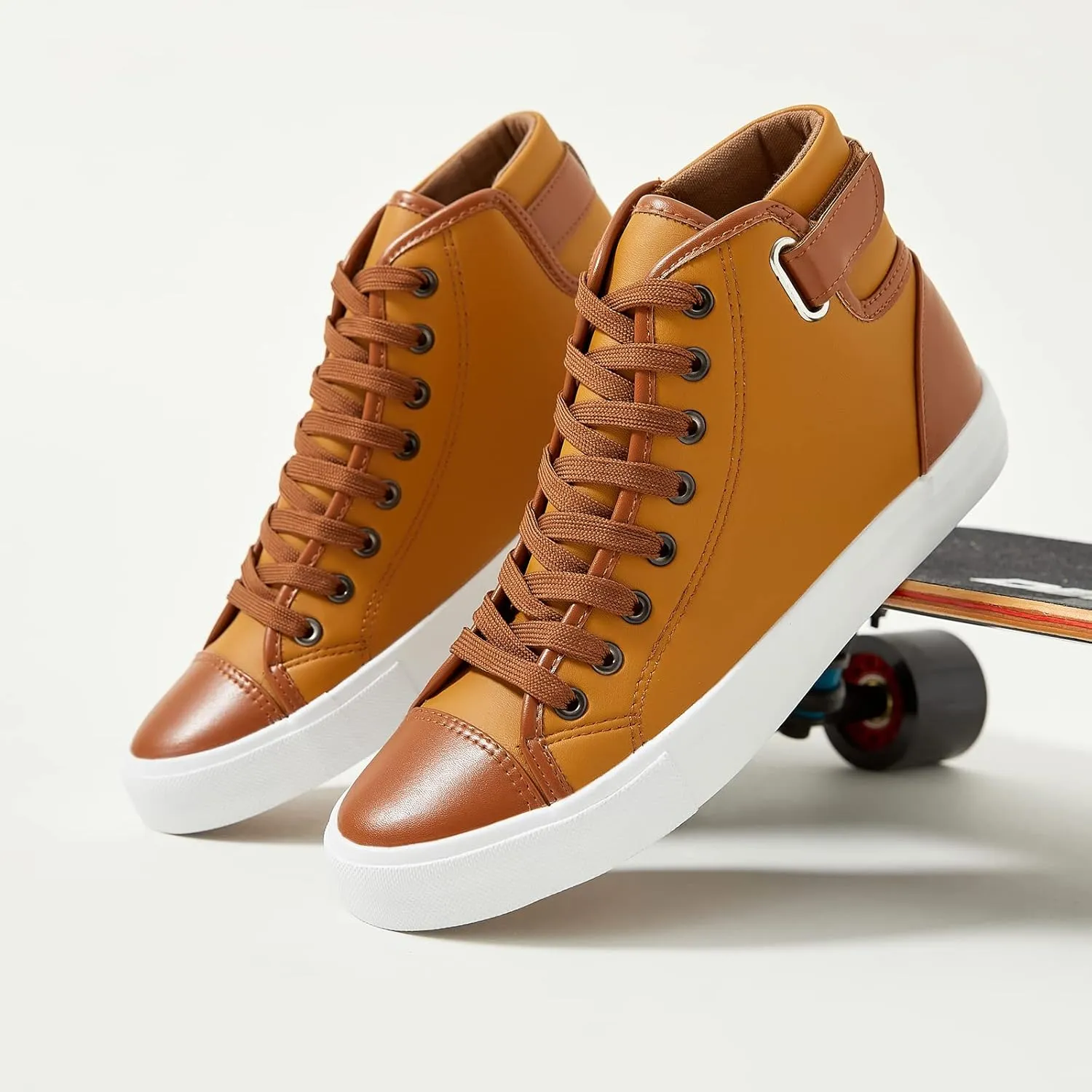yageyan Men White high top Sneakers for Casual Black pu Leather Fashion Shoes for Men