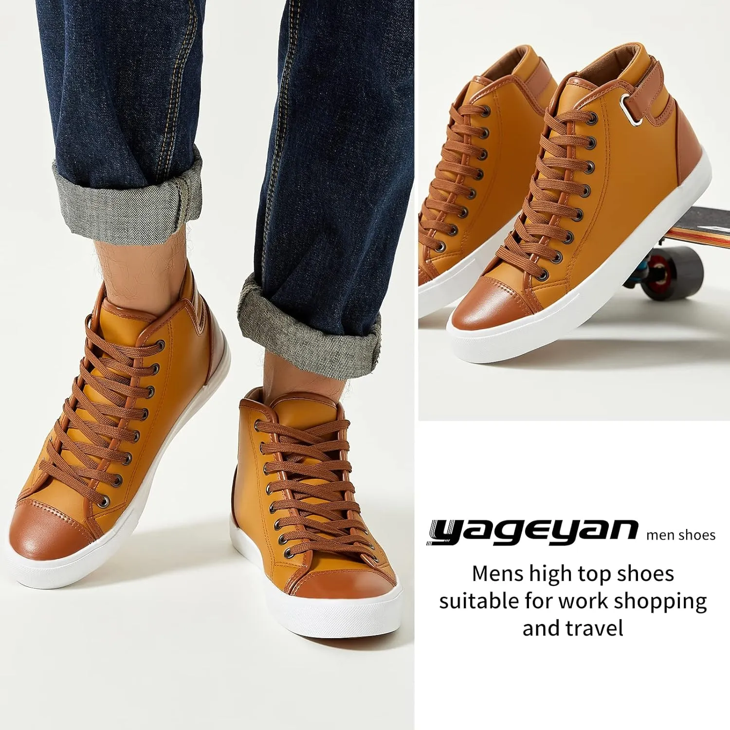 yageyan Men White high top Sneakers for Casual Black pu Leather Fashion Shoes for Men