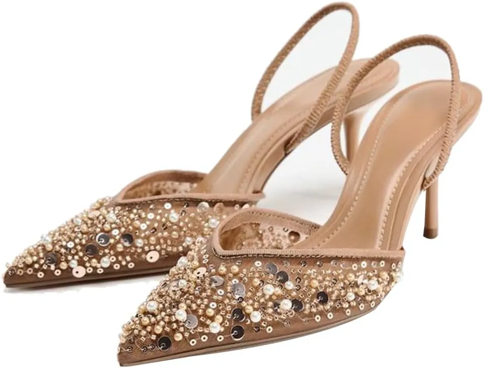 YIYA Women's Nude Closed Pointed Toe Mesh Slingback Heels Pearl Stiletto Kitten Heels Sparkly Sequin Glitter Slip On Pumps Party Dress Shoes
