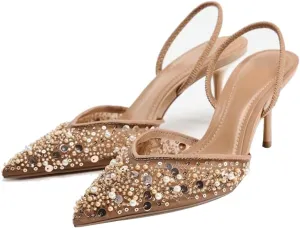 YIYA Women's Nude Closed Pointed Toe Mesh Slingback Heels Pearl Stiletto Kitten Heels Sparkly Sequin Glitter Slip On Pumps Party Dress Shoes