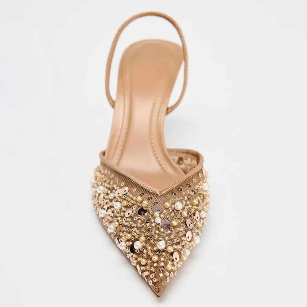 YIYA Women's Nude Closed Pointed Toe Mesh Slingback Heels Pearl Stiletto Kitten Heels Sparkly Sequin Glitter Slip On Pumps Party Dress Shoes