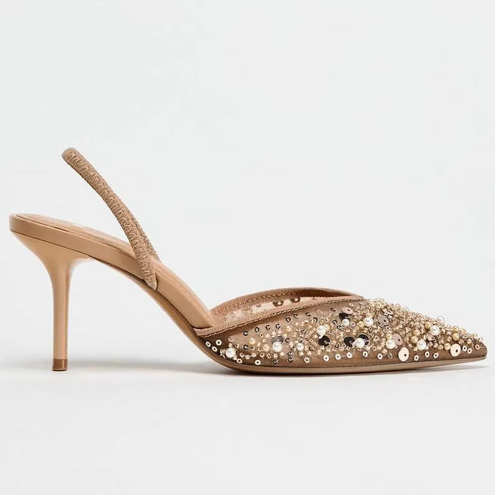 YIYA Women's Nude Closed Pointed Toe Mesh Slingback Heels Pearl Stiletto Kitten Heels Sparkly Sequin Glitter Slip On Pumps Party Dress Shoes