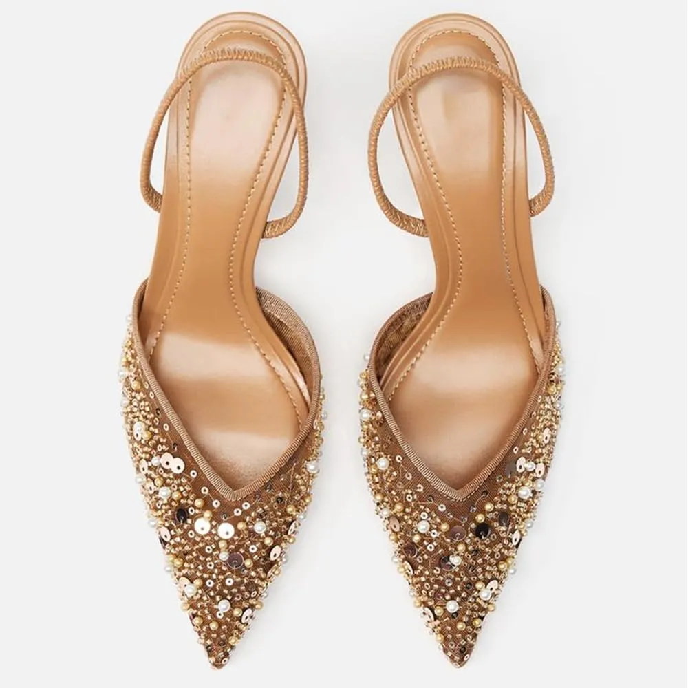 YIYA Women's Nude Closed Pointed Toe Mesh Slingback Heels Pearl Stiletto Kitten Heels Sparkly Sequin Glitter Slip On Pumps Party Dress Shoes