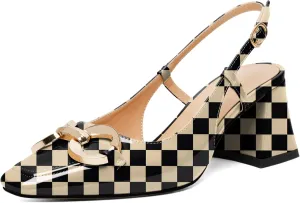 Zamikoo Women's Square Toe Block Slingback Heels, Chunky Heels with Metal Buckle Dress Pumps Shoes for Wedding Work Evening 2 Inches