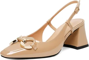 Zamikoo Women's Square Toe Block Slingback Heels, Chunky Heels with Metal Buckle Dress Pumps Shoes for Wedding Work Evening 2 Inches