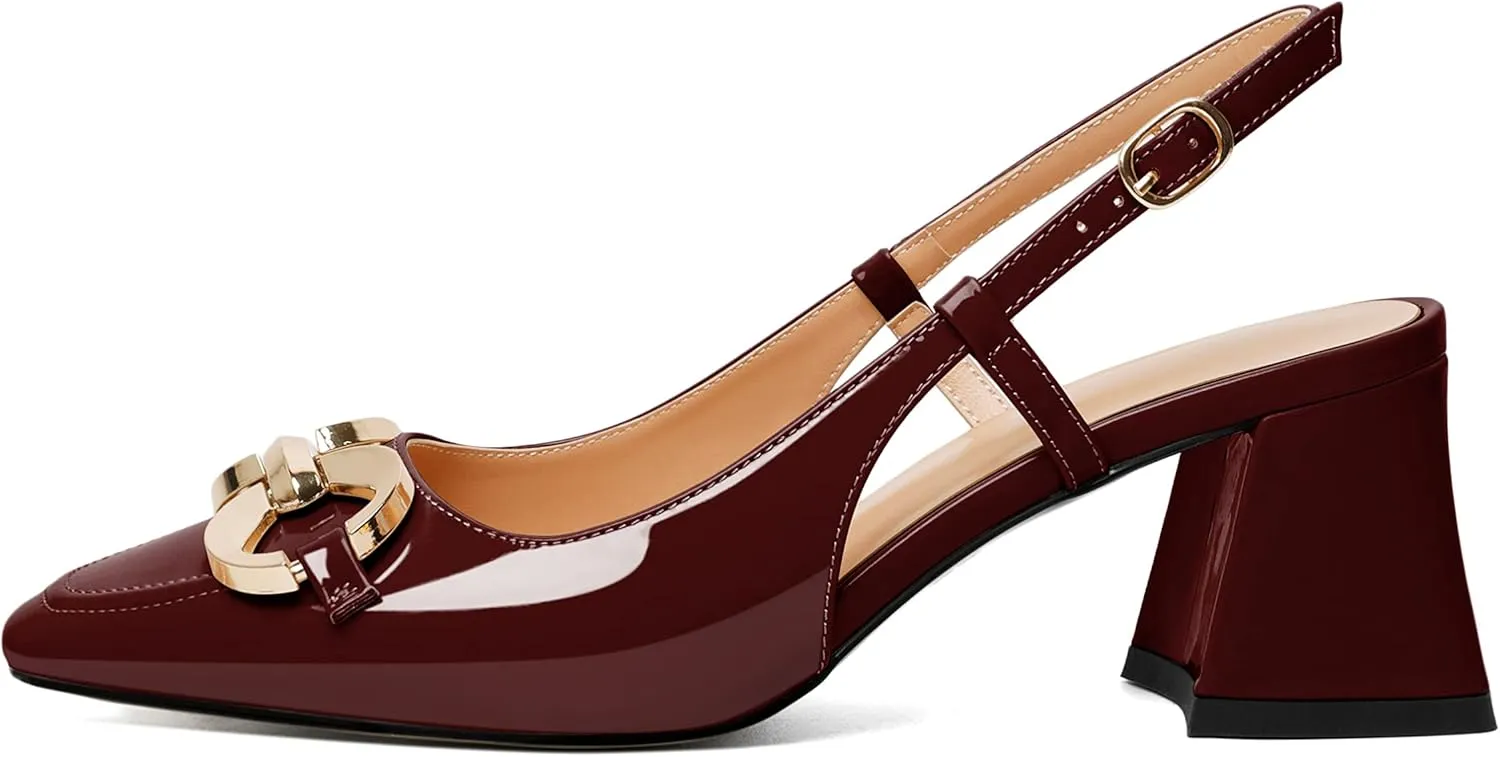 Zamikoo Women's Square Toe Block Slingback Heels, Chunky Heels with Metal Buckle Dress Pumps Shoes for Wedding Work Evening 2 Inches
