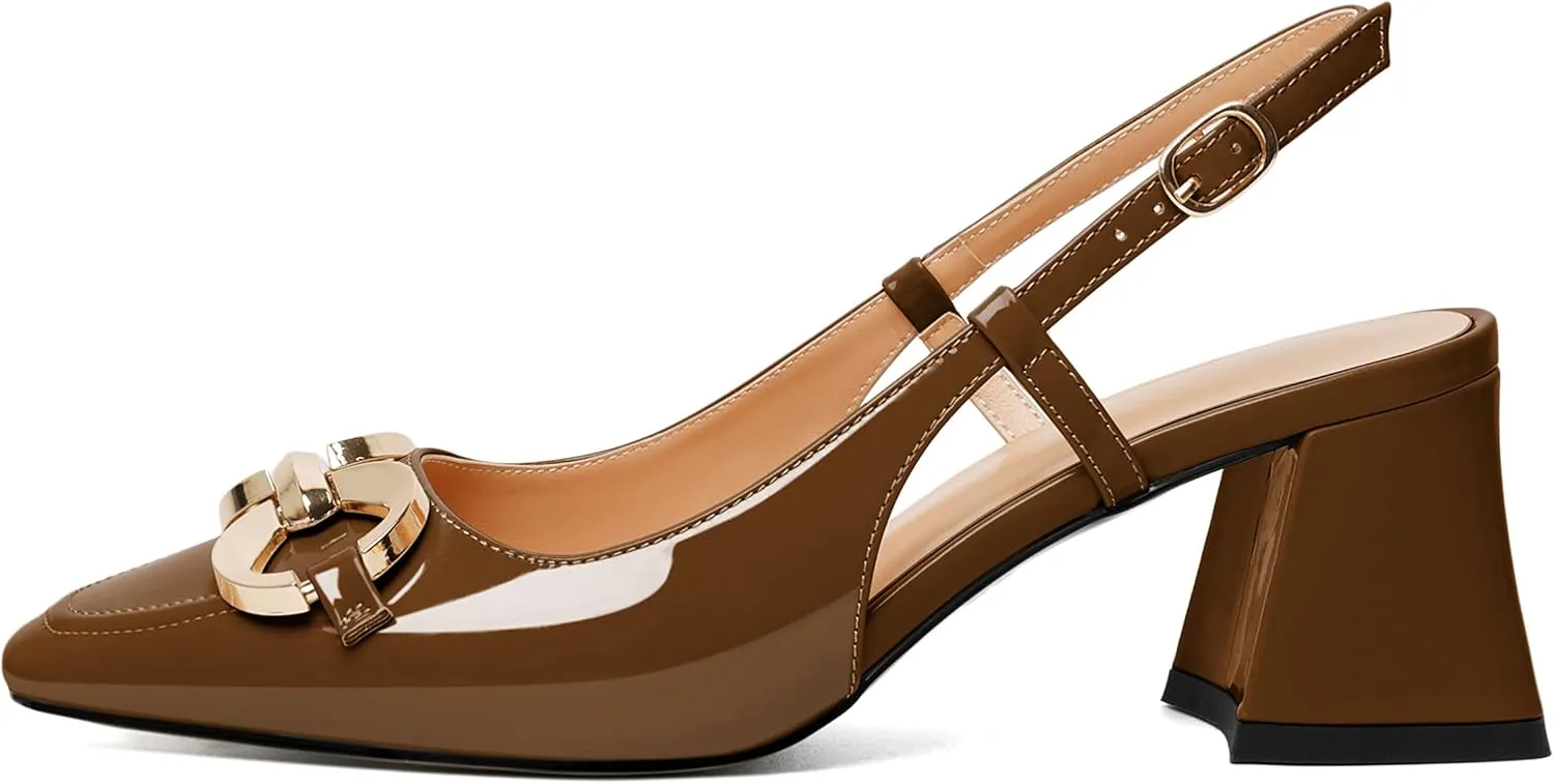 Zamikoo Women's Square Toe Block Slingback Heels, Chunky Heels with Metal Buckle Dress Pumps Shoes for Wedding Work Evening 2 Inches