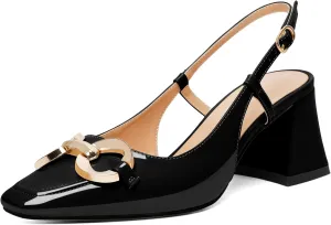 Zamikoo Women's Square Toe Block Slingback Heels, Chunky Heels with Metal Buckle Dress Pumps Shoes for Wedding Work Evening 2 Inches