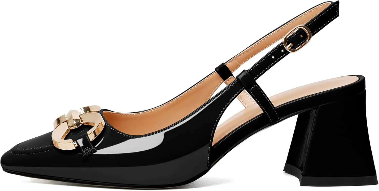 Zamikoo Women's Square Toe Block Slingback Heels, Chunky Heels with Metal Buckle Dress Pumps Shoes for Wedding Work Evening 2 Inches