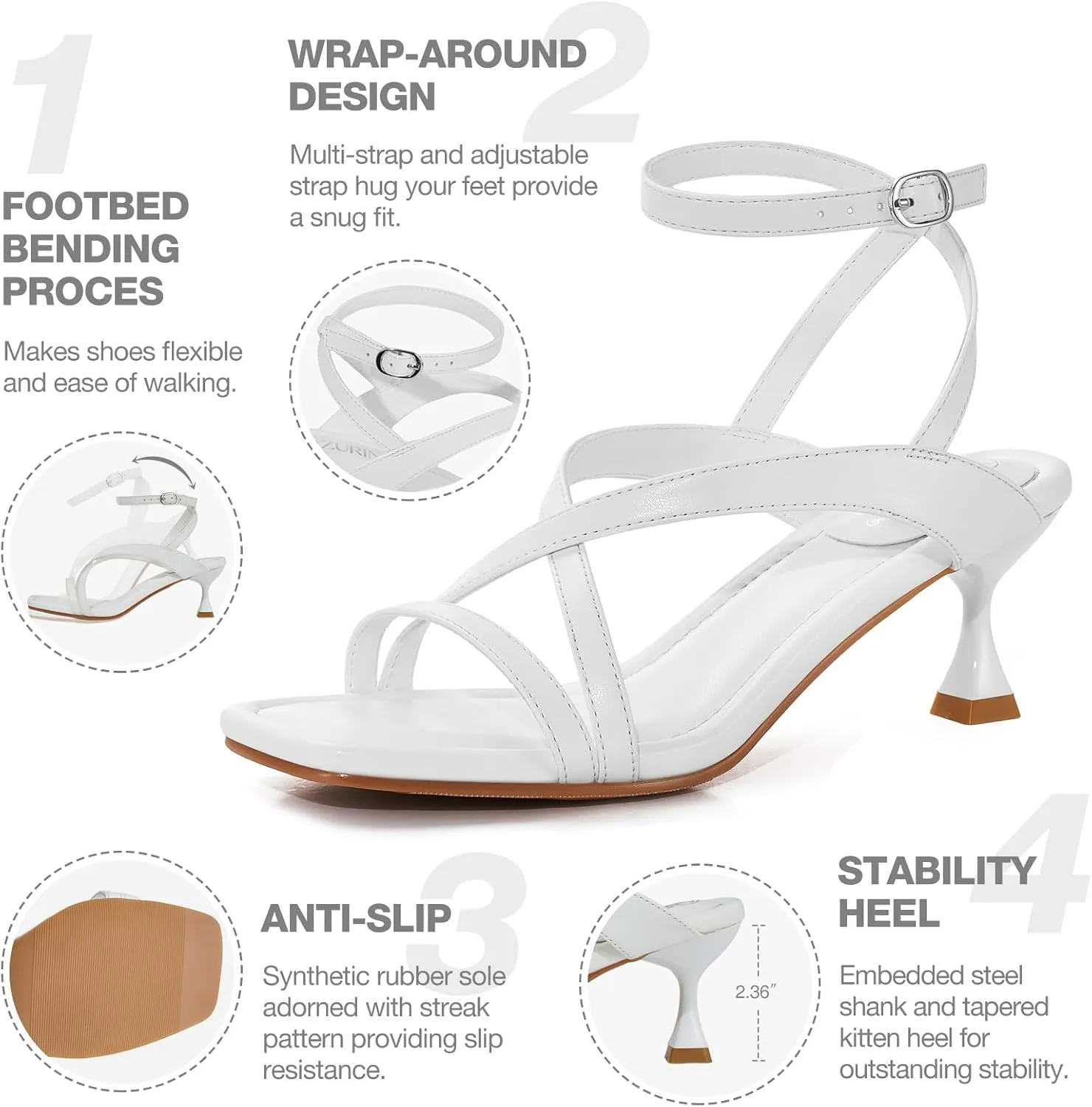 ZURIN Women's Low Kitten Heels Sandals Dressy Strappy Heeled Sandals Open Square Toe Ankle Strap Summer Dress Party Shoes 2.4 Inch