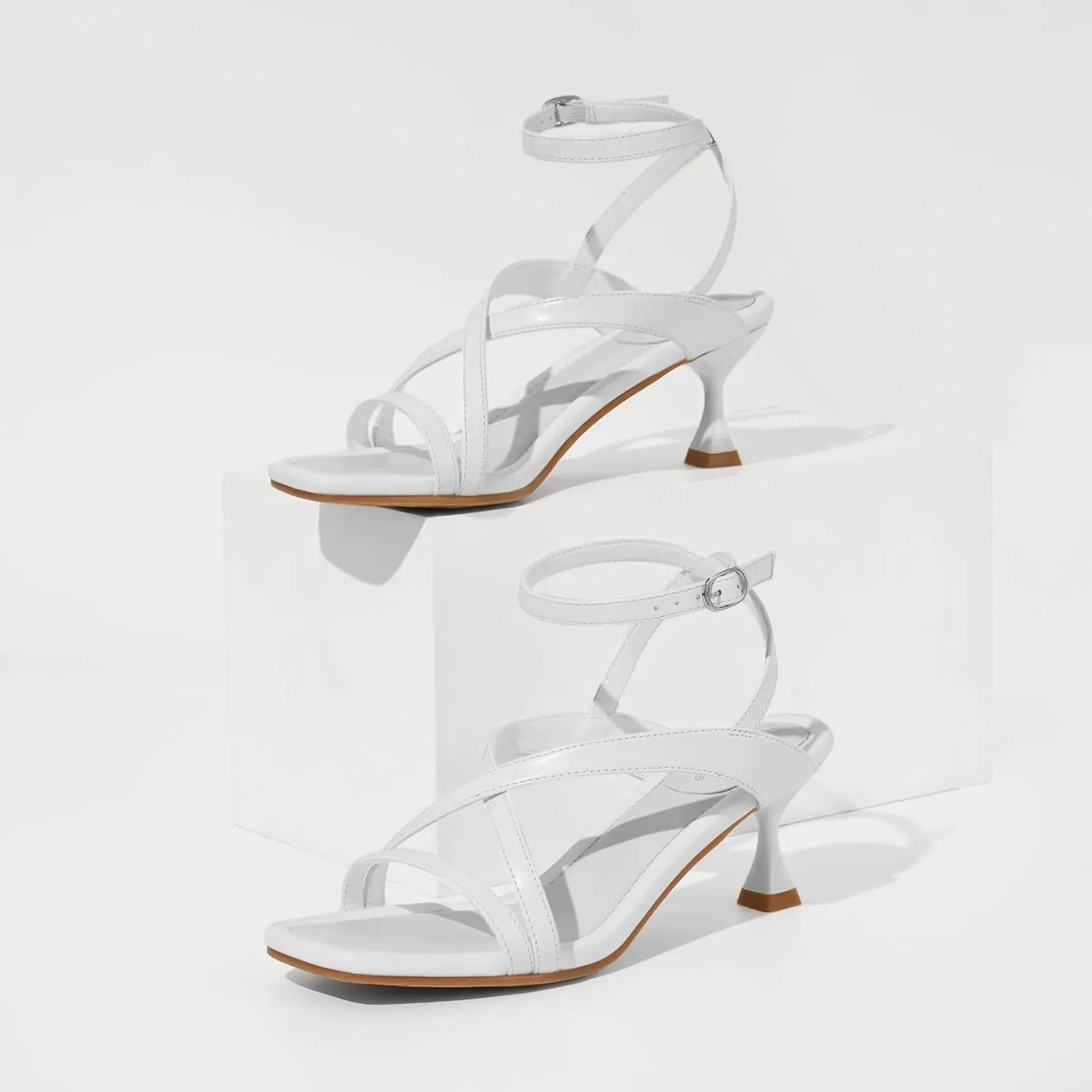 ZURIN Women's Low Kitten Heels Sandals Dressy Strappy Heeled Sandals Open Square Toe Ankle Strap Summer Dress Party Shoes 2.4 Inch